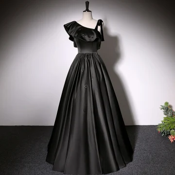 Mode Noire Satin Robe De Bal 2022 Princesse V Cou Sans Manches Dos Nu Longue Robe De Ceremonie