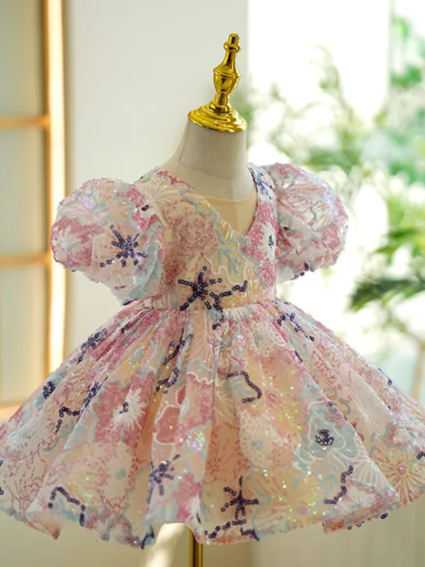 Chic / Beautiful Multi-Colors Sequins Short Birthday Flower Girl Dresses 2023 Ball Gown V-Neck Puffy Short Sleeve