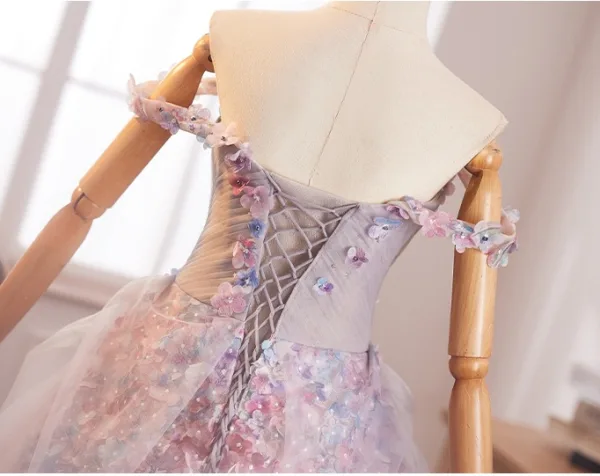 Flower Fairy Blushing Pink Star Sequins Multi-Colors Appliques Prom Dresses 2025 Ball Gown Off-The-Shoulder Sleeveless Backless Floor-Length / Long Formal Dresses