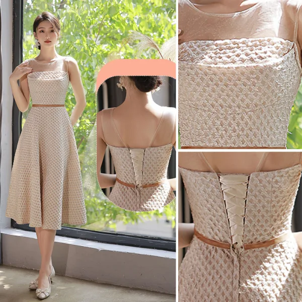 Modest / Simple Khaki Bridesmaid Dresses 2022 A-Line / Princess Short Sleeve Backless Sash Floor-Length / Long Bridesmaid Dresses