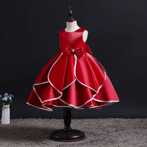 Fashion Burgundy Birthday Cascading Ruffles Flower Girl Dresses 2023 Ball Gown Scoop Neck Sleeveless Backless Bow Tea Length Flower Girl Dresses