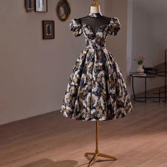 Vintage Retro Black Beading Printing Homecoming Short Graduation Dresses 2024 High Neck Short Sleeve Backless Formal Dresses