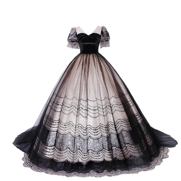 Élégant Noire Robe De Bal 2022 Robe Boule V-Cou Manches Courtes Dos Nu Longue Promo Robe De Ceremonie