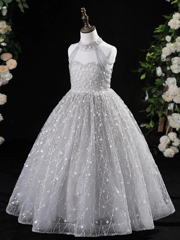 Chic / Beautiful Grey Beading Sequins Birthday Flower Girl Dresses 2024 A-Line / Princess High Neck Sleeveless Floor-Length / Long Tulle