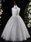 Chic / Beautiful Grey Beading Sequins Birthday Flower Girl Dresses 2024 A-Line / Princess High Neck Sleeveless Floor-Length / Long Tulle