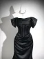 Vintage / Retro Black Evening Dresses 2026 Trumpet / Mermaid Off-The-Shoulder Short Sleeve Backless Floor-Length / Long Formal Dresses