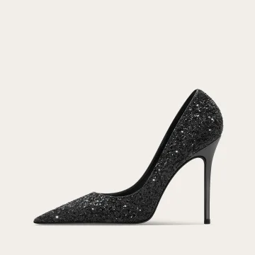 Charmant Zwarte Glans Pailletten Feest Pumps 2025 10 Cm Naaldhakken Stiletto Spitse Neus Pumps Hoge Hakken