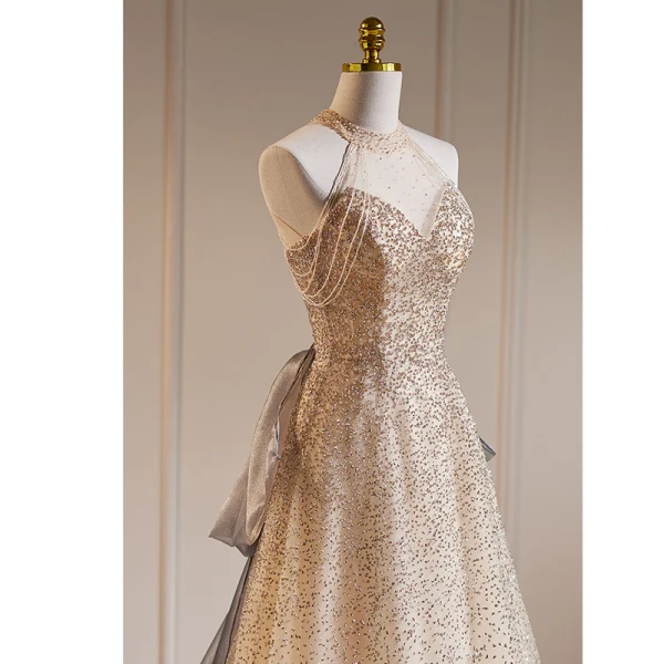 Sexy Champagne Perlage Perle Paillettes Robe De Soirée 2023 Princesse Titulaire Sans Manches Dos Nu Noeud Train De Balayage Soirée Robe De Ceremonie