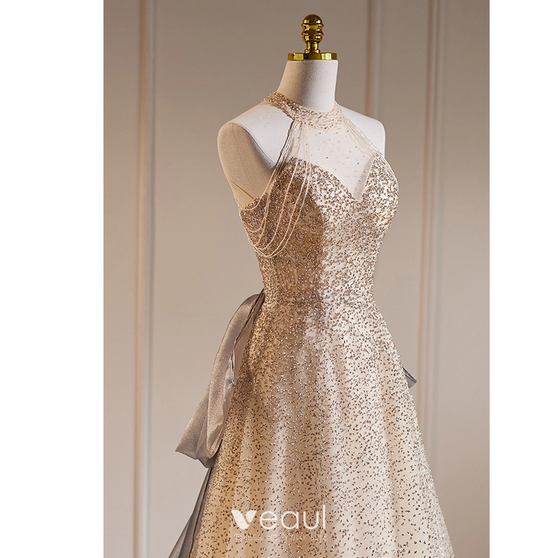 Sexy Champagne Beading Pearl Sequins Evening Dresses 2023 A Line Princess Halter Sleeveless Backless Bow Sweep Train Evening Party Formal Dresses Sexy Champagne Beading Pearl Sequins Evening Dresses 2023 A Line Princess Halter Sleeveless Backless Bow Sweep Train Evening Party Formal Dresses