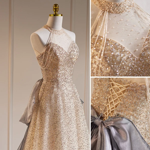 Sexy Champagne Perlage Perle Paillettes Robe De Soirée 2023 Princesse Titulaire Sans Manches Dos Nu Noeud Train De Balayage Soirée Robe De Ceremonie