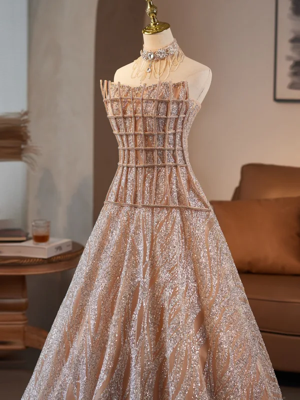 Luxury / Gorgeous Sparkly Champagne Beading Rhinestone Sequins Prom Dresses 2025 A-Line / Princess Strapless Sleeveless Backless Floor-Length / Long Formal Dresses
