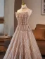 Luxury / Gorgeous Sparkly Champagne Beading Rhinestone Sequins Prom Dresses 2025 A-Line / Princess Strapless Sleeveless Backless Floor-Length / Long Formal Dresses