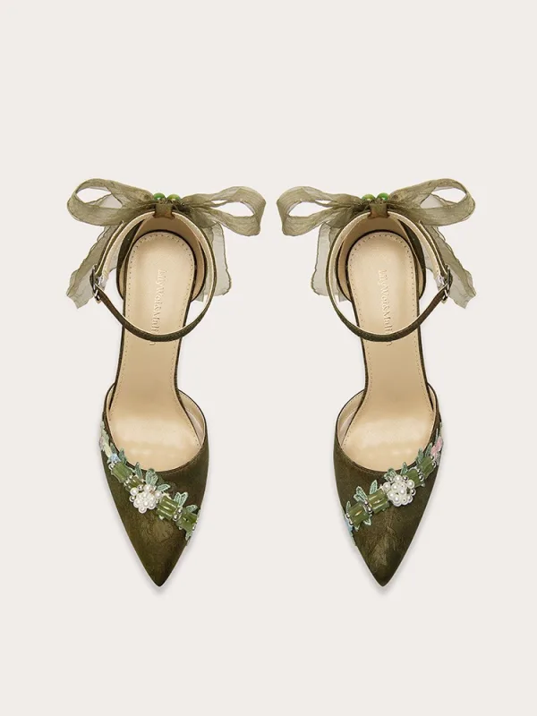 Chic / Beautiful Clover Green Appliques Bow Ankle Strap Prom Womens Sandals 2025 Leather 10 cm Stiletto Heels Pointed Toe Womens Shoes
