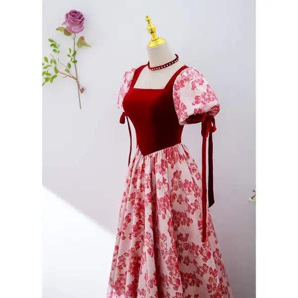 Vintage / Retro Red Floral Prom Dresses 2022 A-Line / Princess Square Neckline Short Sleeve Backless Bow Floor-Length / Long Prom Formal Dresses