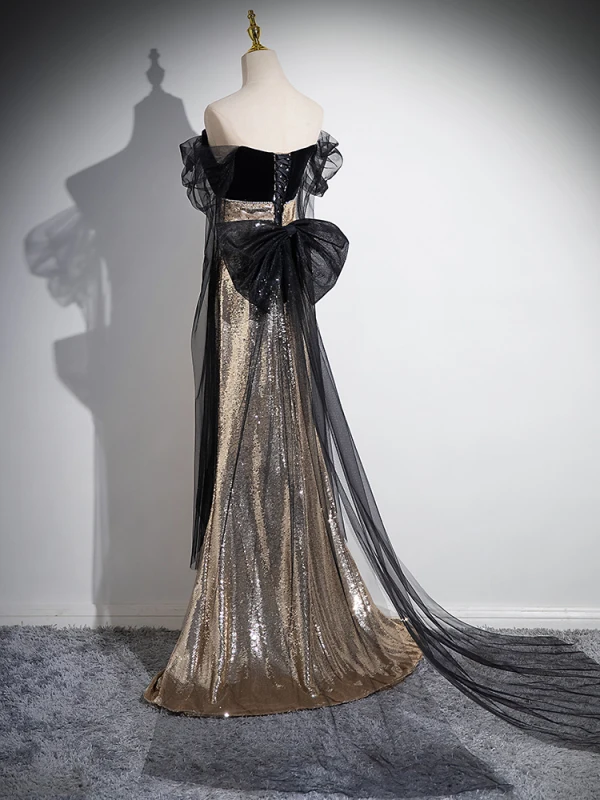 Sparkly Black Gold Sequins Lace Flower Prom Dresses 2024 Trumpet / Mermaid Off-The-Shoulder Short Sleeve Backless Bow Floor-Length / Long Prom Formal Dresses