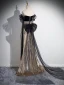 Sparkly Black Gold Sequins Lace Flower Prom Dresses 2024 Trumpet / Mermaid Off-The-Shoulder Short Sleeve Backless Bow Floor-Length / Long Prom Formal Dresses