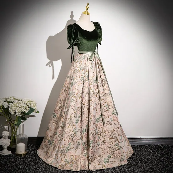 Elegant Sage Green Bow Sash Printing Prom Dresses 2025 A-Line / Princess Square Neckline Short Sleeve Backless Floor-Length / Long Formal Dresses