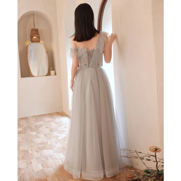 Modest / Simple Grey Lace Flower Bridesmaid Dresses 2023 A-Line / Princess Short Sleeve Backless Floor-Length / Long Bridesmaid Dresses