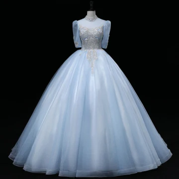 Elegant Sky Blue Beading Sequins Prom Dresses 2022 Ball Gown High Neck Short Sleeve Backless Floor Length Long Prom Formal Dresses