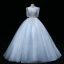 Elegant Sky Blue Beading Sequins Prom Dresses 2022 Ball Gown High Neck Short Sleeve Backless Floor-Length / Long Prom Formal Dresses