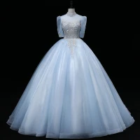 Elegante Himmelblau Perlenstickerei Pailletten Ballkleider 2022 Ballkleid Stehkragen Kurze Ärmel Rückenfreies Lange Ball Festliche Kleider