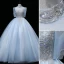 Elegant Sky Blue Beading Sequins Prom Dresses 2022 Ball Gown High Neck Short Sleeve Backless Floor-Length / Long Prom Formal Dresses