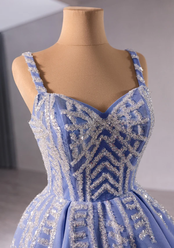 High-end Pool Blue Sequins Prom Dresses 2024 A-Line / Princess Spaghetti Straps Sleeveless Backless Floor-Length / Long Prom Formal Dresses