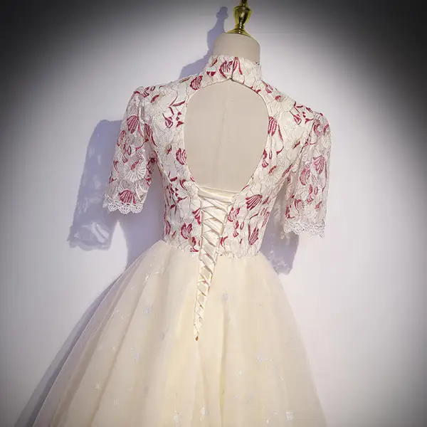 Vintage / Retro Chinese style Champagne Prom Dresses 2022 A-Line / Princess High Neck Star Sequins Lace Flower Short Sleeve Backless Floor-Length / Long Prom Formal Dresses