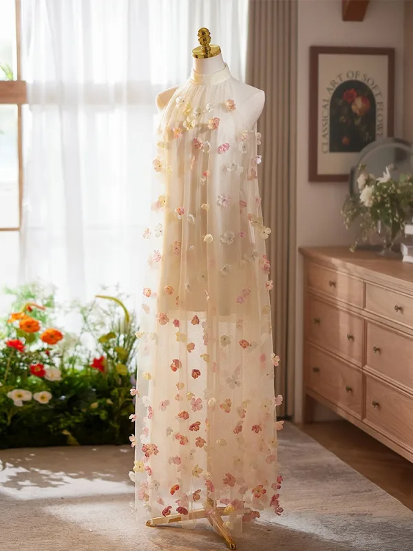Flower Fairy Blushing Pink Appliques Prom Dresses 2025 A-Line / Princess High Neck Sleeveless Floor-Length / Long Tulle Formal Dresses