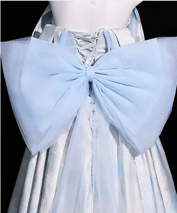 Vintage / Retro Sky Blue Printing Prom Dresses 2026 Ball Gown Off-The-Shoulder Short Sleeve Backless Bow Floor-Length / Long Formal Dresses