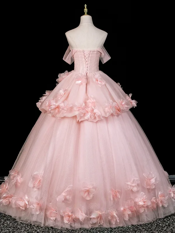 Flower Fairy Blushing Pink Appliques Beading Prom Dresses 2026 Ball Gown Off-The-Shoulder Sleeveless Backless Floor-Length / Long Formal Dresses