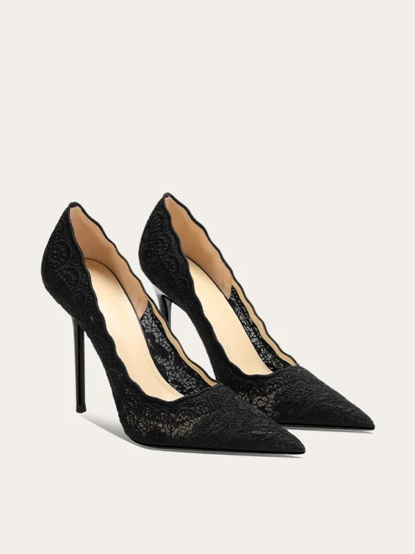 Vintage Zwarte Kant Bloem Avond Pumps 2024 Leer 10 cm Naaldhakken / Stiletto Spitse Neus Pumps Hoge Hakken