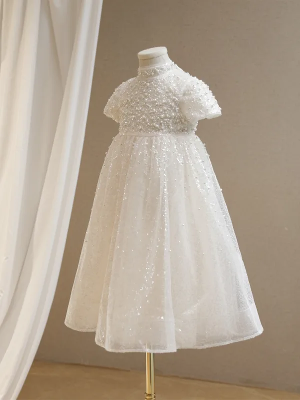 Elegant White Beading Pearl Sequins Wedding Flower Girl Dresses 2024 Ball Gown High Neck Short Sleeve Flower Girl Dresses Floor-Length / Long Tulle