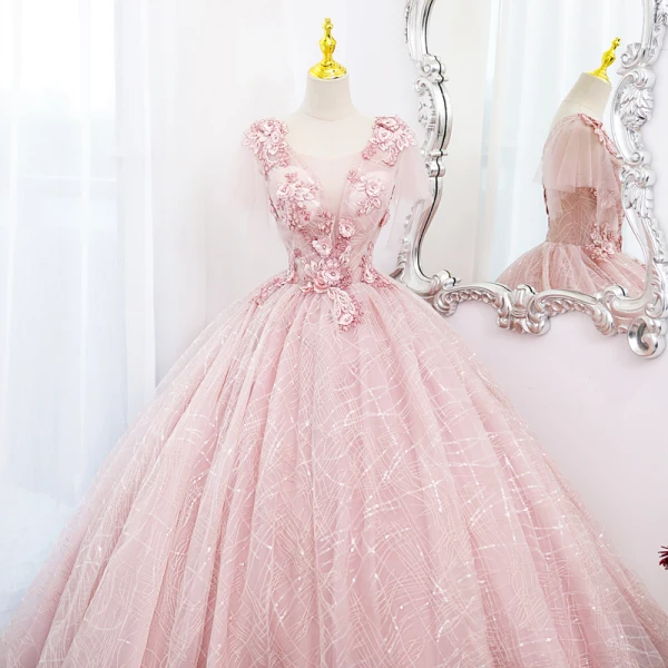 Elegante Blozen Roze Parel Kant Bloem Galajurken 2022 Baljurk Ronde Hals Korte Mouwen Ruglooze Lange Gala Gelegenheid Jurken