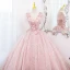 Elegante Blozen Roze Parel Kant Bloem Galajurken 2022 Baljurk Ronde Hals Korte Mouwen Ruglooze Lange Gala Gelegenheid Jurken