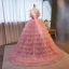 Charmant Charmant Rougissant Rose Volants en Cascade Robe De Bal 2023 Robe Boule Bustier Perle Appliques Sans Manches Dos Nu Train De Balayage Promo Robe De Ceremonie