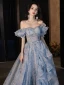 Fashion Sky Blue Printing Prom Dresses 2024 A-Line / Princess Square Neckline Short Sleeve Backless Floor-Length / Long Prom Formal Dresses