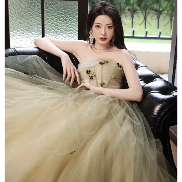 Chic / Beautiful Sage Green Appliques Prom Dresses 2023 A-Line / Princess Strapless Sleeveless Backless Floor-Length / Long Formal Dresses