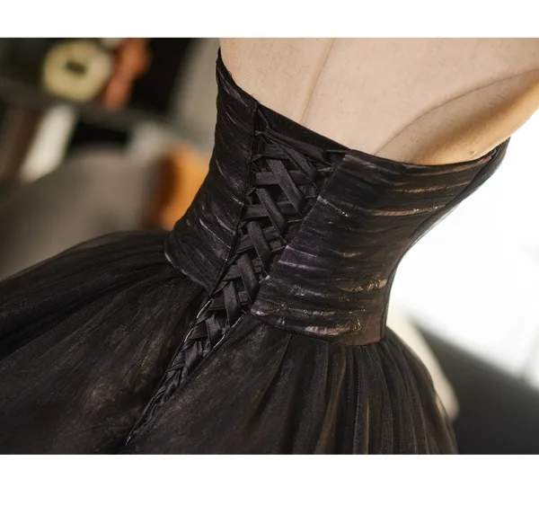 Elegant Black Printing Prom Dresses 2025 Ball Gown Strapless Sleeveless Backless Floor-Length / Long Prom Formal Dresses
