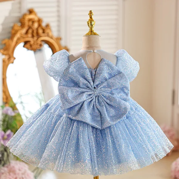 Bling Bling Sky Blue Sequins Birthday Short Flower Girl Dresses 2025 Ball Gown Scoop Neck Puffy Short Sleeve Tulle