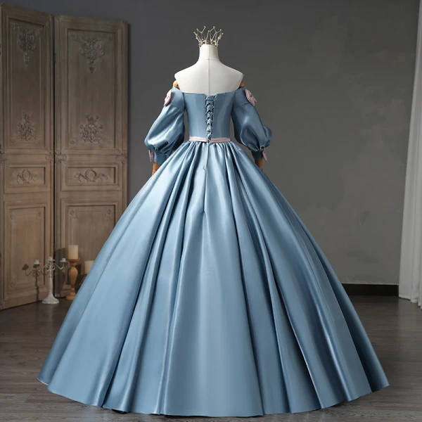 Lovely Pool Blue Bow Prom Dresses 2023 Ball Gown Off-The-Shoulder Short Sleeve Backless Floor-Length / Long Prom Formal Dresses