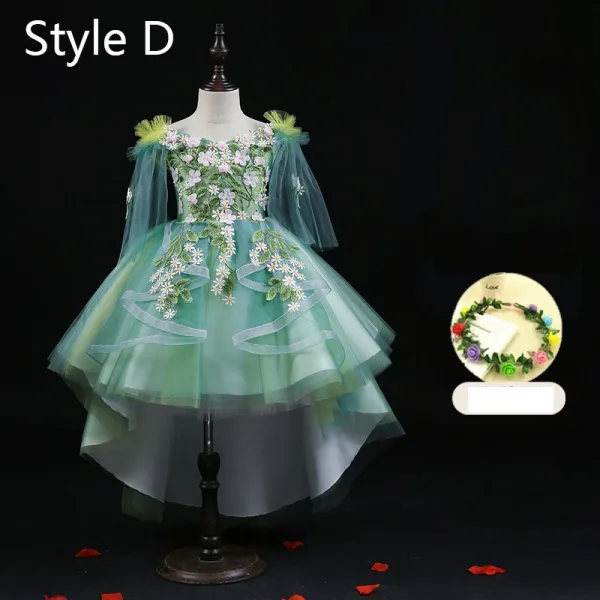 Flower Fairy Sage Green Appliques Lace Flower Birthday Flower Girl Dresses 2024 Ball Gown V-Neck Bell sleeves Court Train Flower Girl Dresses