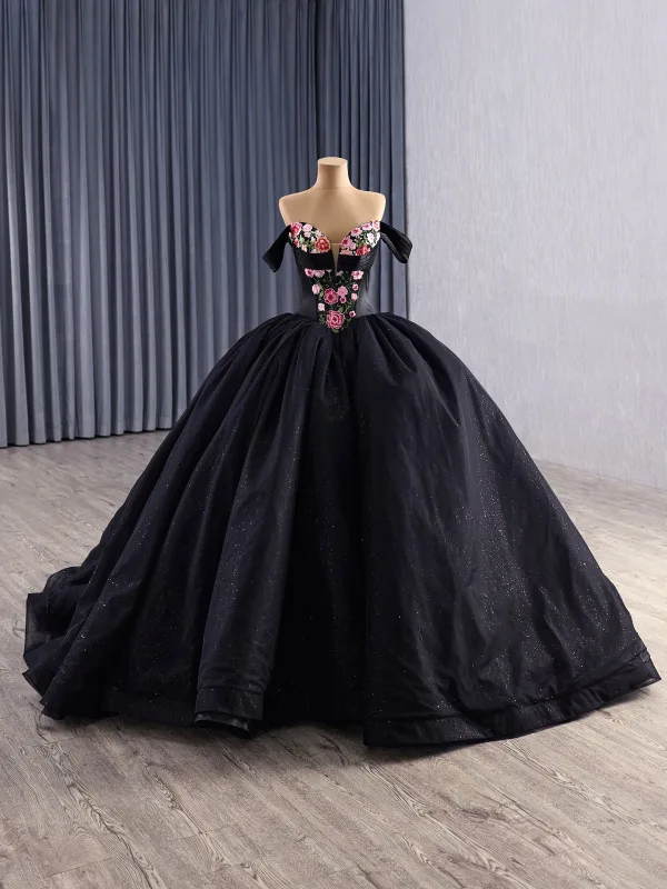 High-end Black Lace Flower Cascading Ruffles Corset Prom Dresses 2025 Ball Gown Off-The-Shoulder Short Sleeve Backless Chapel Train Formal Dresses