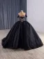 High-end Black Lace Flower Cascading Ruffles Corset Prom Dresses 2025 Ball Gown Off-The-Shoulder Short Sleeve Backless Chapel Train Formal Dresses