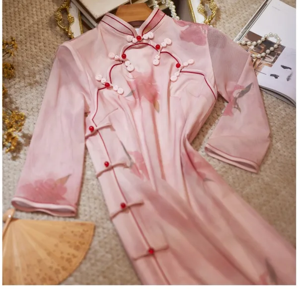 Chic / Beautiful Blushing Pink Tea-length Cheongsam 2024 Trumpet / Mermaid High Neck 1/2 Sleeves Prom