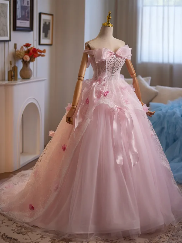 Lovely Blushing Pink Rhinestone Lace Flower Appliques Prom Dresses 2025 Ball Gown Strapless Bow Sleeveless Backless Floor-Length / Long Formal Dresses