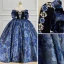 Elegant Ocean Blue Winter Printing Prom Dresses 2023 Ball Gown Off-The-Shoulder Rhinestone Short Sleeve Backless Floor-Length / Long Prom Formal Dresses
