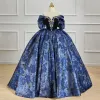 Eleganckie Ciemnoniebieski Zima Druk Sukienki Na Bal 2023 Suknia Balowa Przy Ramieniu Rhinestone Kótkie Rękawy Bez Pleców Długie Bal Sukienki Wizytowe