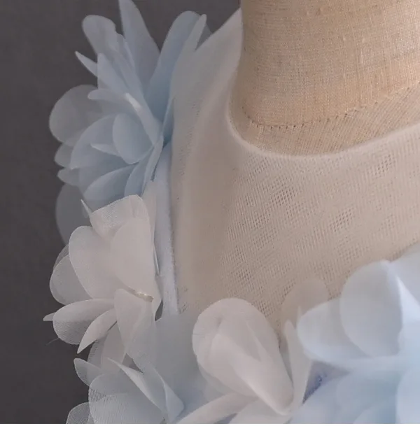 Chic / Beautiful Sky Blue Pearl Appliques Short Birthday Flower Girl Dresses 2025 Ball Gown Scoop Neck Sleeveless Backless