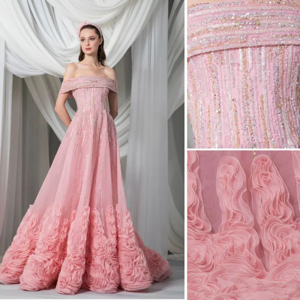 High End Rosa Abendkleider 2022 A Linie Off Shoulder Handgefertigt Perlenstickerei Strass Pailletten Ärmellos Rückenfreies Rüschen Sweep / Pinsel Zug Abend Festliche Kleider